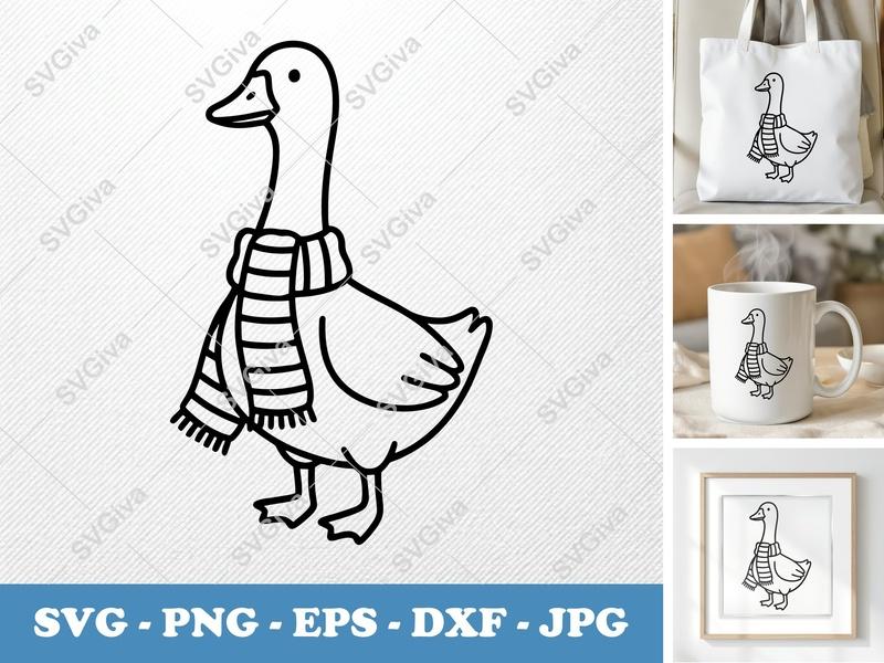 Goose Wearing Scarf SVG | Friendly Bean-Shaped Cut File | Rounded Body PNG DXF EPS for Cricut Silhouette