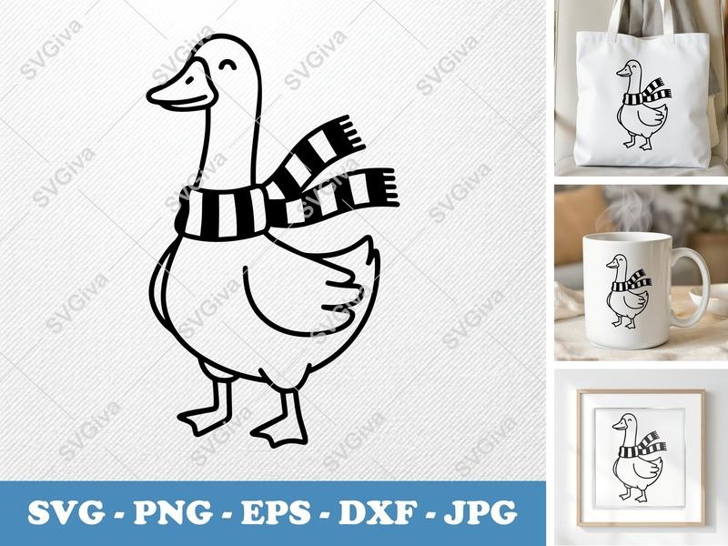 Goose Wearing Scarf SVG | Minimalist Contour Cut File | PNG DXF EPS | Cricut Silhouette Design | Farm Animal Vector