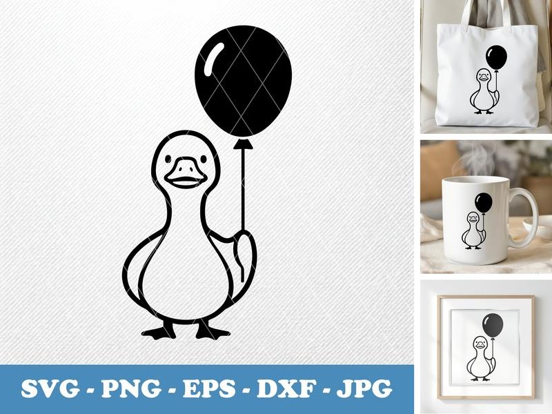 Goose with balloon, Puffy Shapes SVG, Cute Animal Cut File, Cricut Silhouette, Svg Files, Png Dxf Eps Vector Clipart