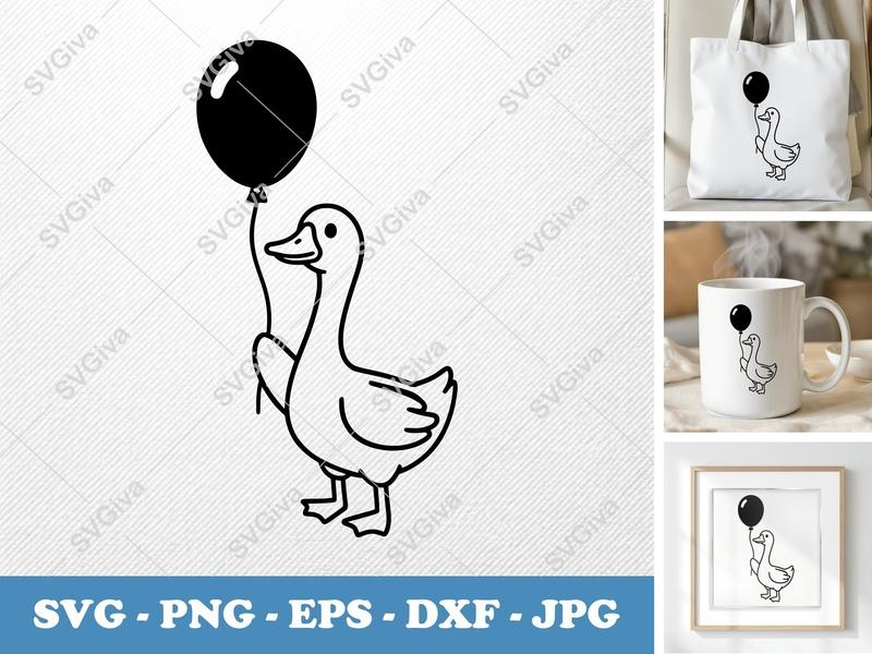 Goose with Balloon SVG, Cute Balloon Animal PNG, EPS, DXF Cut File for Cricut & Silhouette, Modern Farm Animal Clipart