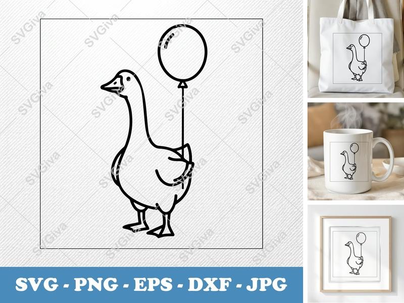 Goose with Balloon SVG PNG DXF EPS | Farm Animal Cut File for Cricut Silhouette | Simple Outline Design