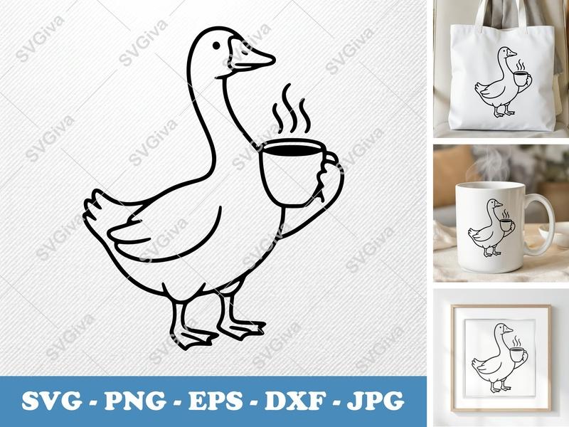 Goose with Coffee Cup SVG | Minimalist Character Design | Bold Outline | PNG DXF EPS | Cricut Silhouette File