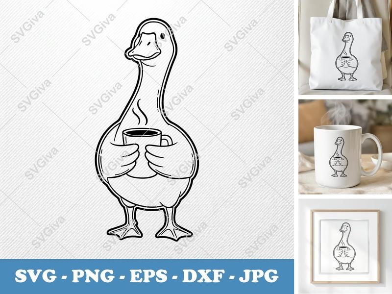 Goose with Coffee Cup SVG | Outline Art, Minimalist Design | PNG DXF EPS | Cricut Silhouette File