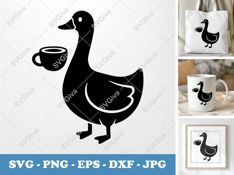 Goose with Coffee Cup SVG | Puffy Soft Shapes PNG DXF EPS | Cricut Silhouette Cut File | Inflated Pillow-Soft Design
