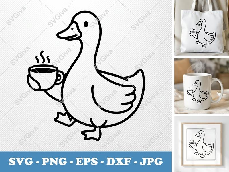 Goose with Coffee Cup SVG | Rounded Bean-Shaped Design | PNG DXF EPS | Cricut Silhouette File