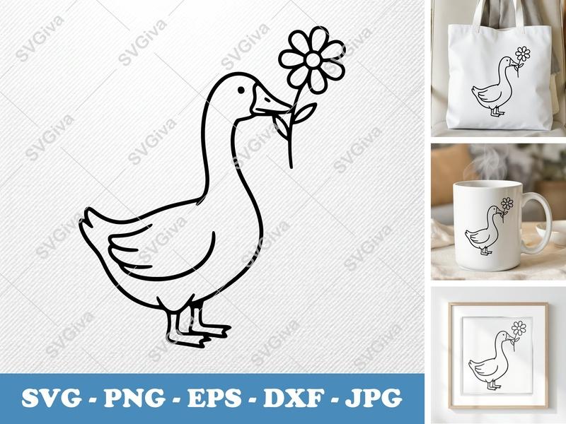 Goose with Flower SVG | Minimalist Bold Contour Cut File | PNG DXF EPS for Cricut Silhouette