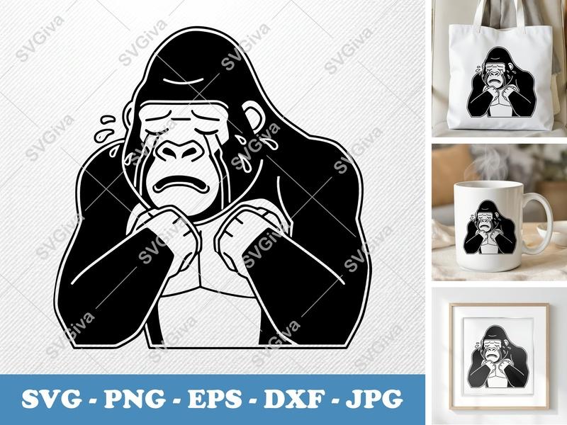 Gorilla Crying SVG | Outline Art Cut File | SVG PNG DXF EPS for Cricut Silhouette