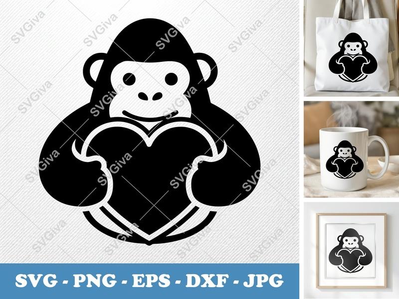 Gorilla Holding Heart SVG, Friendly Rounded Bean-Shaped Design | PNG DXF EPS | Cricut Silhouette File