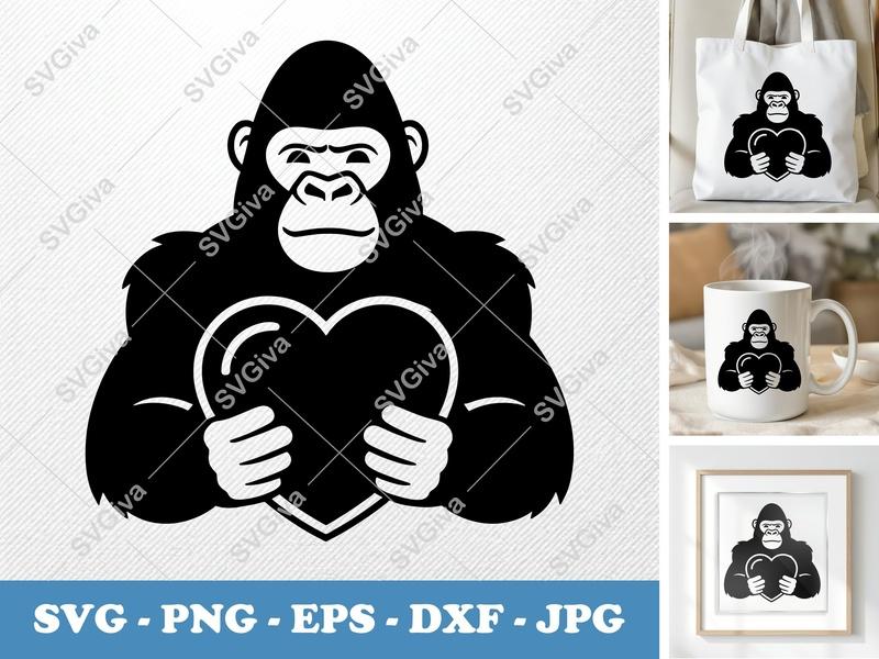 Gorilla Holding Heart SVG, PNG, DXF, EPS | Minimalist Animal Cut File | Cricut & Silhouette Design | Bold Contour Vector