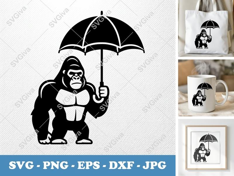 Gorilla holding umbrella SVG | Double-Outline Geometric Vector | Thick Contour, Thin Lines | PNG DXF EPS | Cricut Silhouette File