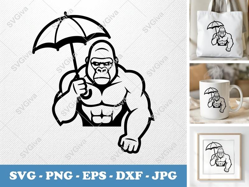 Gorilla holding umbrella SVG | Geometric Outline | Thick Outer Contour | PNG DXF EPS | Cricut Silhouette File
