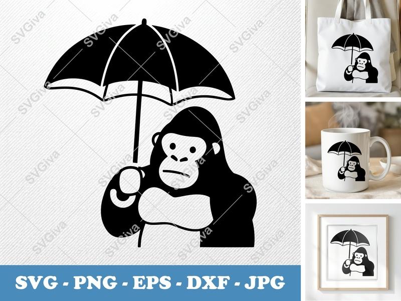 Gorilla holding umbrella SVG PNG DXF EPS | Cricut Silhouette Cut File | Cute Animal Vector Art