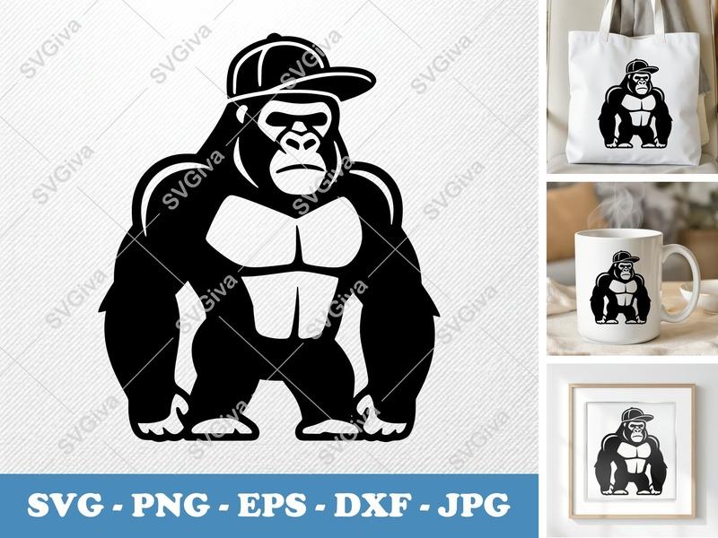 Gorilla in a Cap SVG | Outline Design, Bold Lines | PNG DXF EPS | Cricut Silhouette Cut File