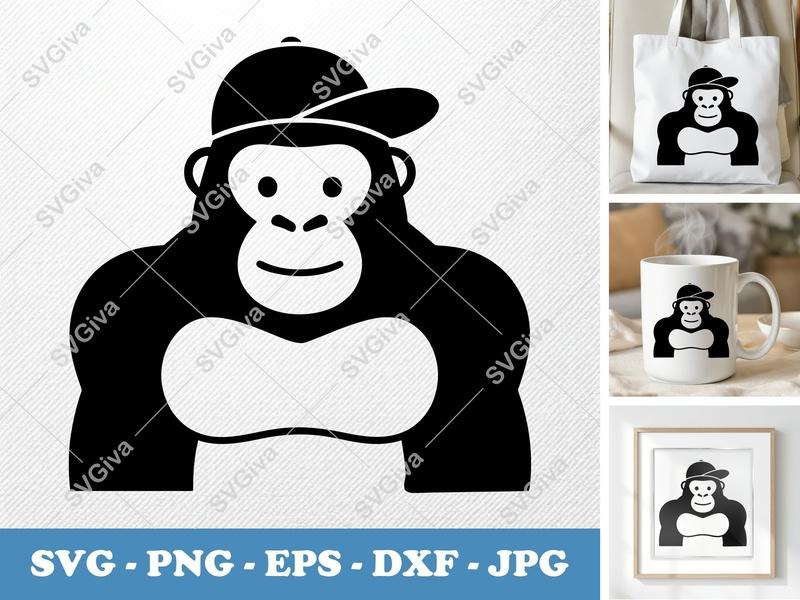 Gorilla in a Cap SVG PNG DXF EPS | Cricut Silhouette Cut File | Animal Vector Art