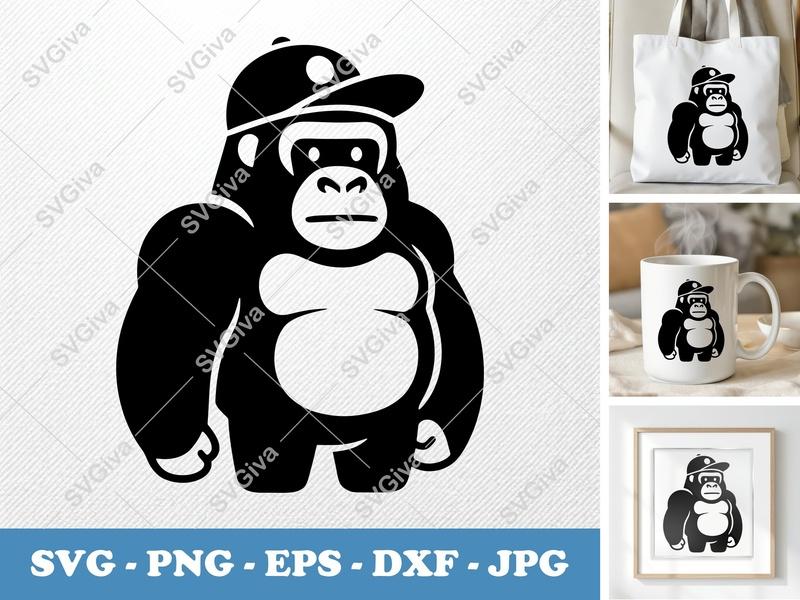 Gorilla in a Cap SVG | Puffy Soft Shapes | Inflated Pillow-Soft Design | PNG DXF EPS | Cricut Silhouette