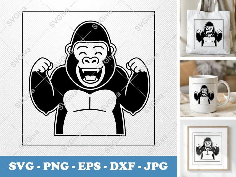 Gorilla Laughing SVG, Double-Outline Minimalist Cut File | Thick Contour Thin Lines | SVG PNG DXF EPS for Cricut Silhouette
