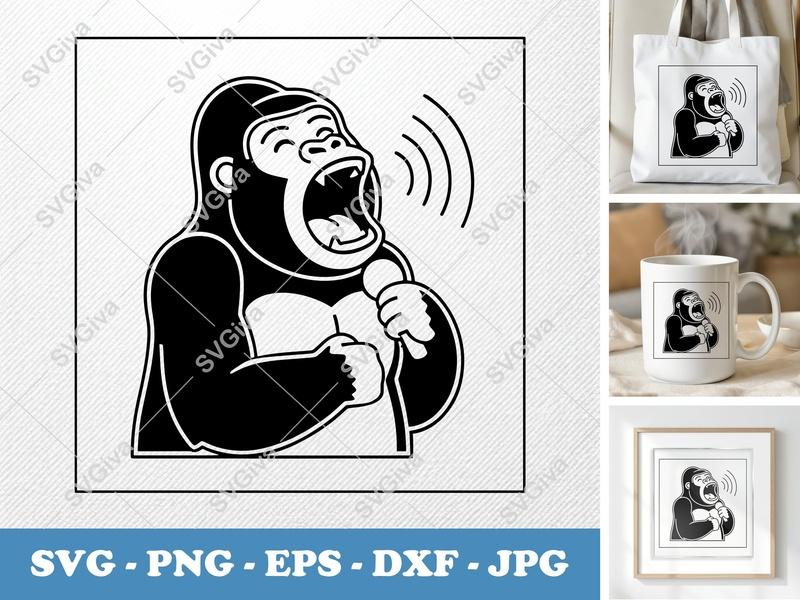 Gorilla Singing SVG | Double-Outline Minimalist Design | PNG DXF EPS | Cricut Silhouette Cut File