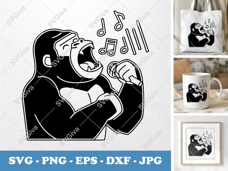 Gorilla Singing SVG | Double-Outline Minimalist Design | Thick Contour, Thin Lines, Clean Space | PNG DXF EPS | Cricut Silhouette File
