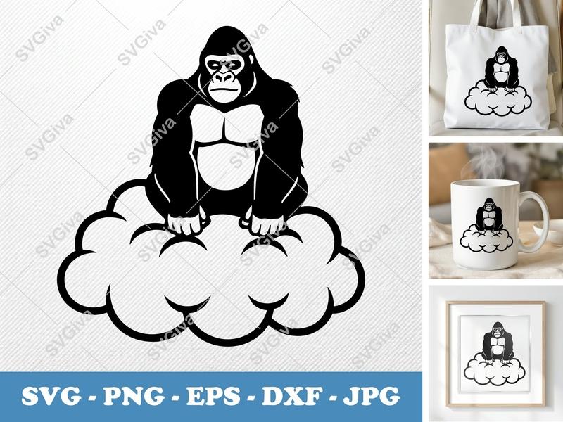 Gorilla Sitting on Cloud SVG | Bold Contour, Simple Character | PNG DXF EPS | Cricut Silhouette File