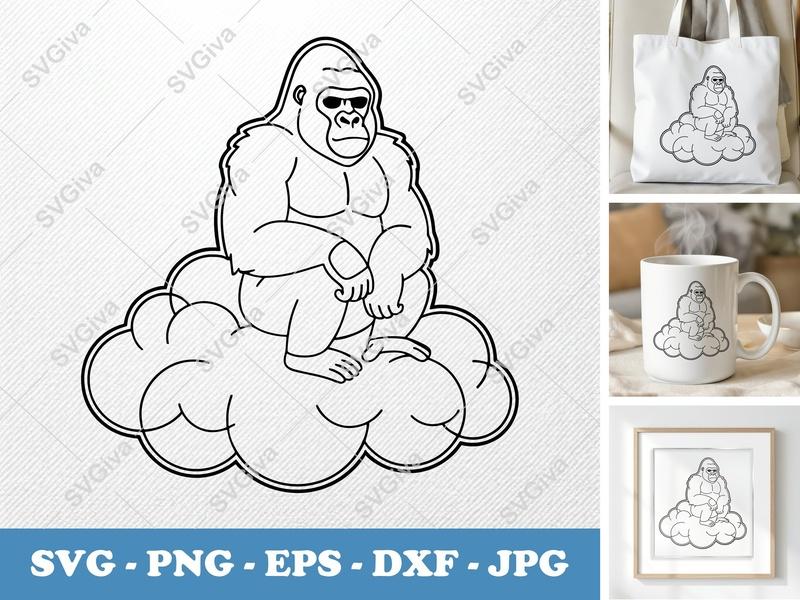 Gorilla Sitting on Cloud SVG | Minimal Outline Design | Thick Contour, Thin Lines PNG DXF EPS | Cricut Silhouette
