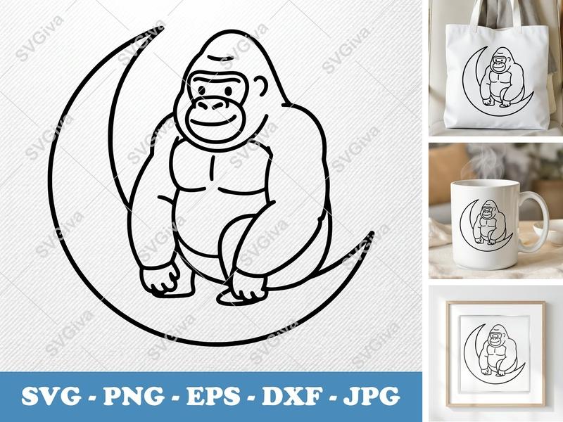 Gorilla Sitting on Moon SVG, Friendly Rounded Body Bean-Shaped Cut File for Cricut, Silhouette | PNG DXF EPS