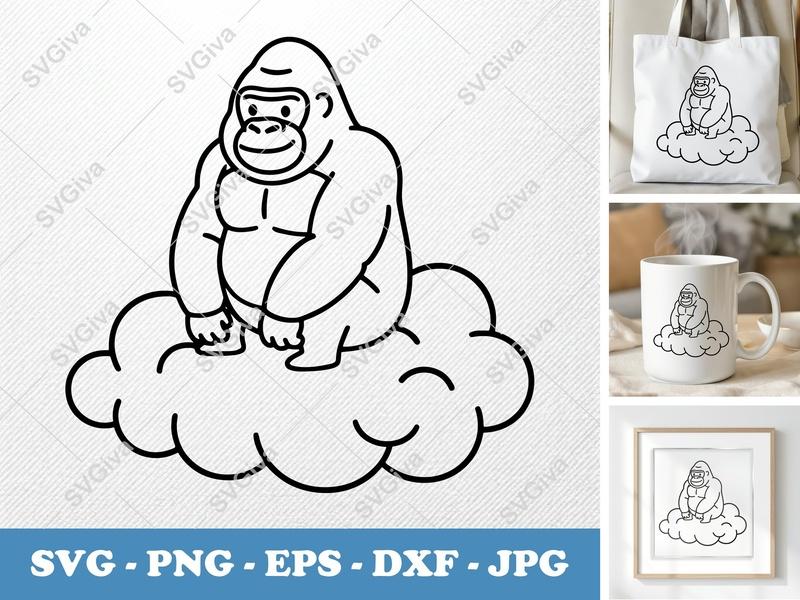 Gorilla Sitting SVG, Friendly Bean-Shaped Cut File for Cricut, Silhouette | Rounded Body PNG DXF EPS