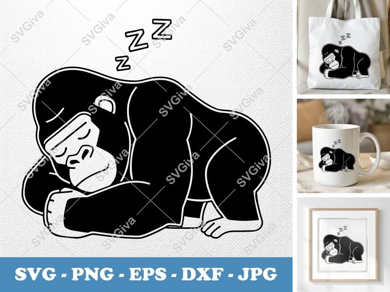 Gorilla Sleeping SVG | Double-Outline Minimalist Art | PNG DXF EPS | Cricut Silhouette Cut File