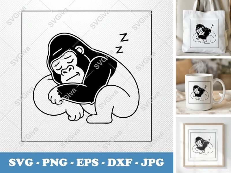 Gorilla Sleeping SVG | Outline Minimalist Design | PNG DXF EPS | Cricut Silhouette Cut File