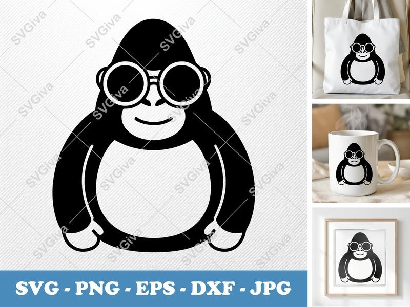 Gorilla SVG, Cartoon Ape with Sunglasses, Modern Clean Design, PNG EPS DXF for Cricut & Silhouette, Digital Download