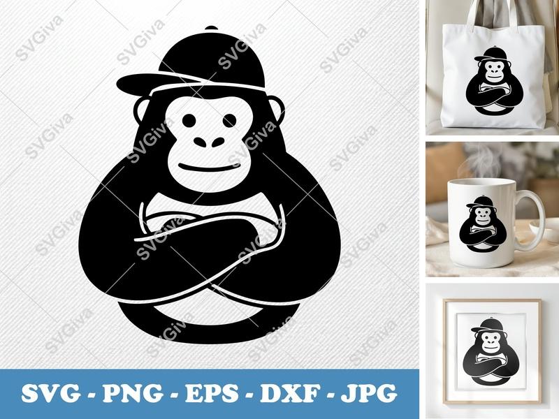 Gorilla SVG Design with Hat, Modern Ape Cut File for Cricut & Silhouette | PNG EPS DXF | Animal Clipart, Digital Download