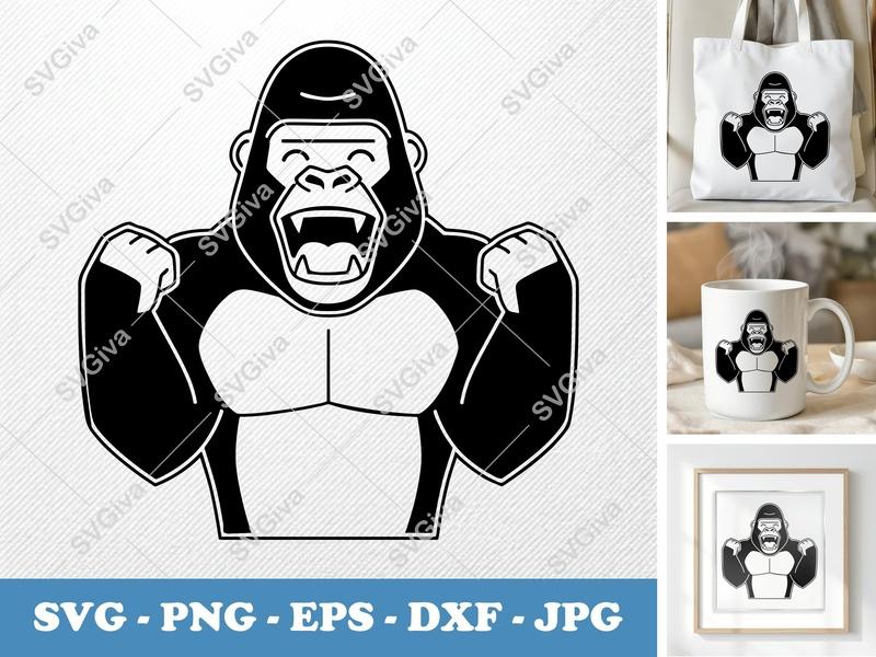 Gorilla SVG | Double-Outline Cartoon Cut File | PNG DXF EPS | Cricut Silhouette | Animal Design