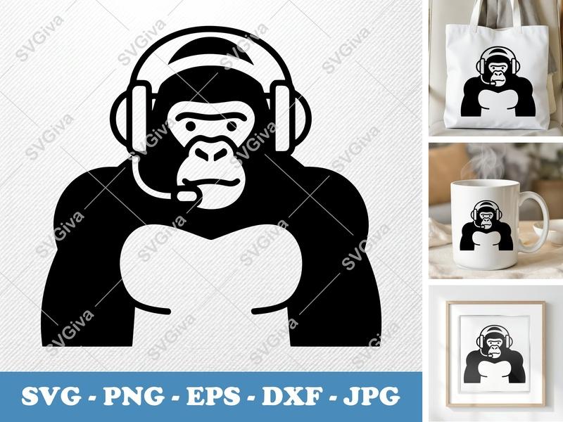 Gorilla SVG, Headset Monkey Cut File, Gamer Ape Clipart, Modern Animal Design | PNG EPS DXF for Cricut Silhouette