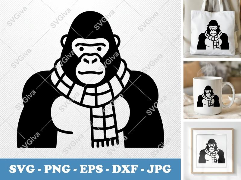 Gorilla SVG, Modern Clean Gorilla with Scarf, PNG EPS DXF, Cricut Silhouette Cut File, Animal Clipart Vector