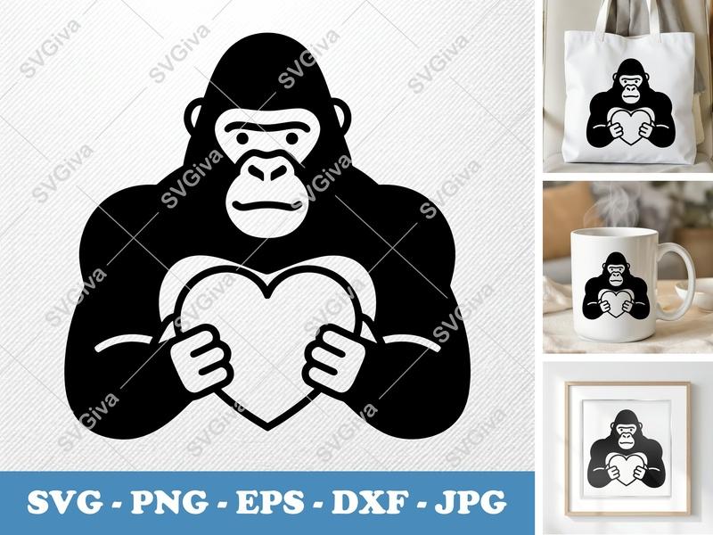 Gorilla SVG, Modern Heart Design | PNG EPS DXF Cut File for Cricut, Silhouette | Animal Love Clipart Vector