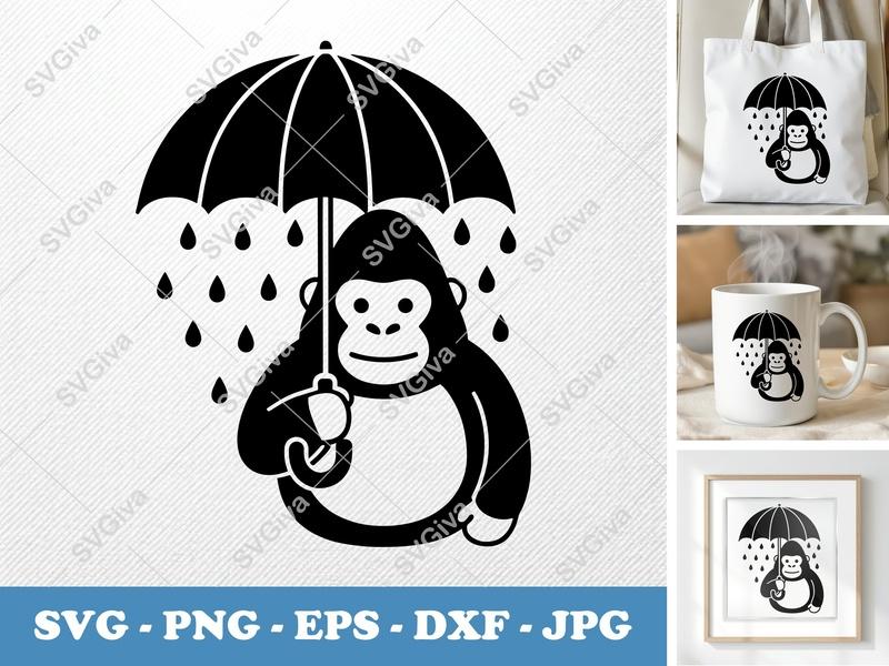 Gorilla SVG, Modern Umbrella Raindrop Design, PNG EPS DXF for Cricut & Silhouette