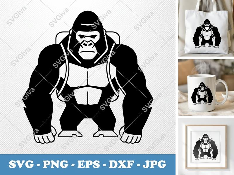 Gorilla Wearing Backpack SVG | Double-Outline Geometric Vector | PNG DXF EPS | Cricut Silhouette Cut File