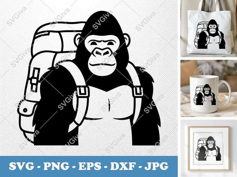 Gorilla wearing backpack SVG | Minimalist Vector Cut File | Bold Contour Design | PNG DXF EPS for Cricut Silhouette