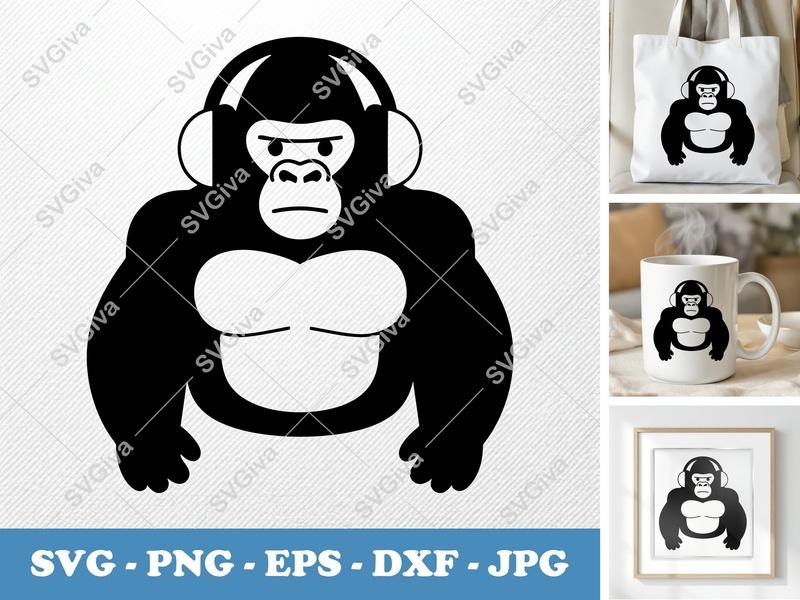 Gorilla wearing headphones SVG Cut File | Cricut Silhouette | PNG EPS DXF