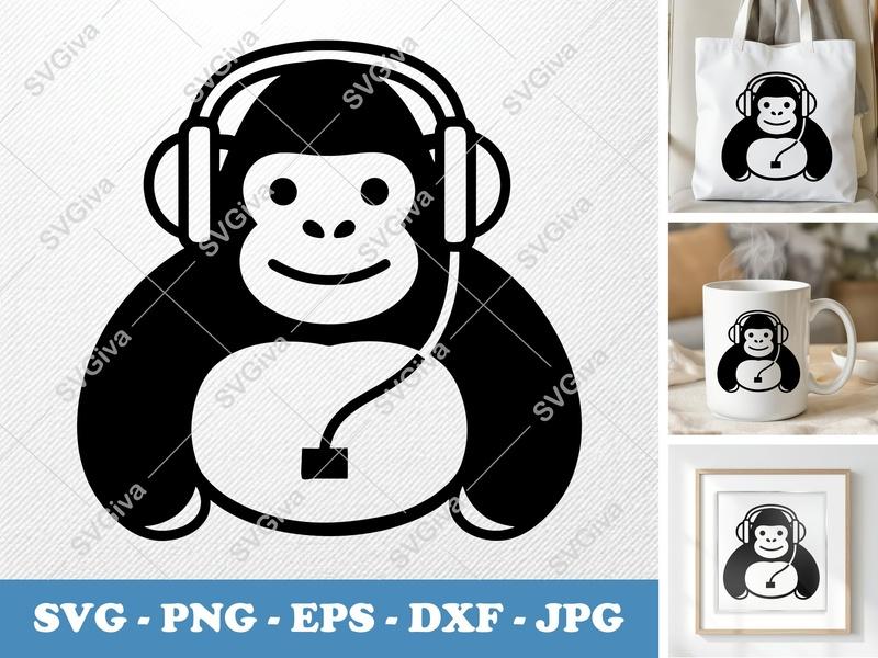 Gorilla Wearing Headphones SVG | Friendly Bean-Shaped Design | PNG, DXF, EPS | Cricut & Silhouette Cut File