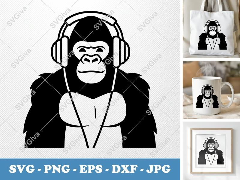 Gorilla Wearing Headphones SVG | Minimalist Character Cut File | PNG DXF EPS | Cricut Silhouette Design | Music Animal