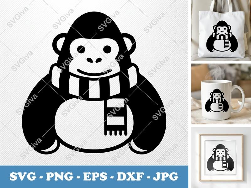 Gorilla Wearing Scarf SVG | Friendly, Bean-Shaped Design | PNG, DXF, EPS | Cricut, Silhouette Cut File