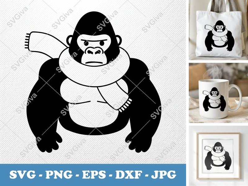 Gorilla Wearing Scarf SVG | Puffy Inflatable Style PNG DXF EPS | Cricut Silhouette Cut File