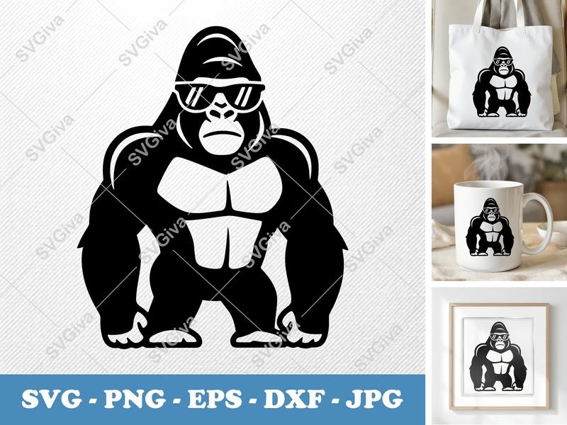 Gorilla Wearing Sunglasses SVG | Double-Outline Minimalist Design | Thick Contour, Thin Lines | PNG, DXF, EPS | Cricut, Silhouette Ready