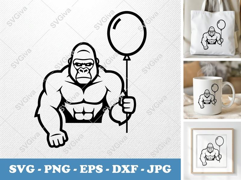 Gorilla with Balloon SVG | Bold Outline | Simple Shapes | PNG DXF EPS | Cricut Silhouette File