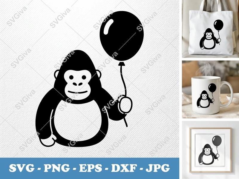 Gorilla with Balloon SVG, Modern Monkey Animal Cut File | PNG EPS DXF for Cricut & Silhouette, Digital Download