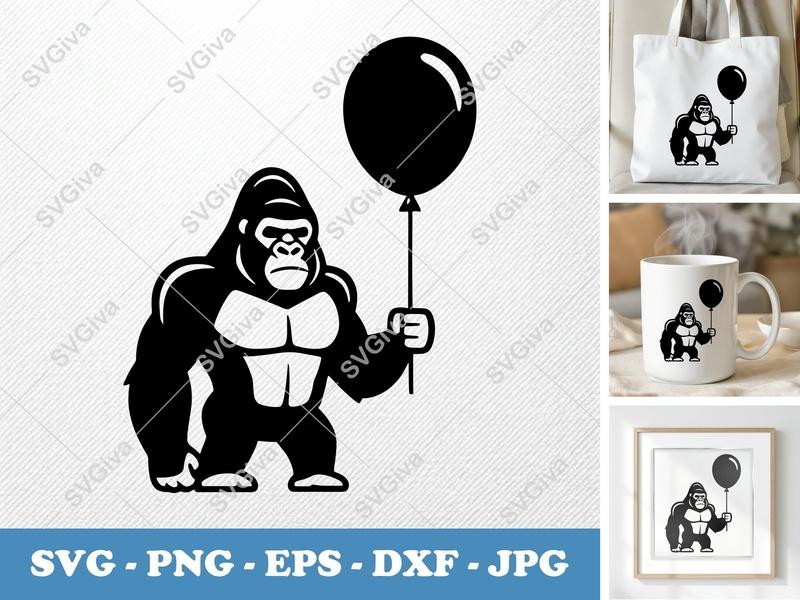 Gorilla with Balloon SVG | Outline Clean Balance SVG | Low Detail Basic Shape PNG DXF EPS | Cricut Silhouette Cut File