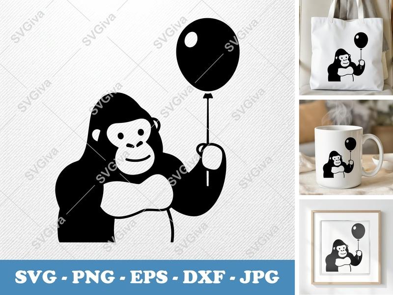 Gorilla with Balloon SVG PNG DXF EPS | Animal Cut File Cricut Silhouette Vector Art