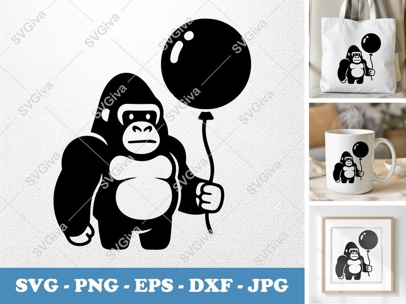 Gorilla with Balloon SVG | Puffy Soft Forms | PNG DXF EPS | Cricut Silhouette Cut File