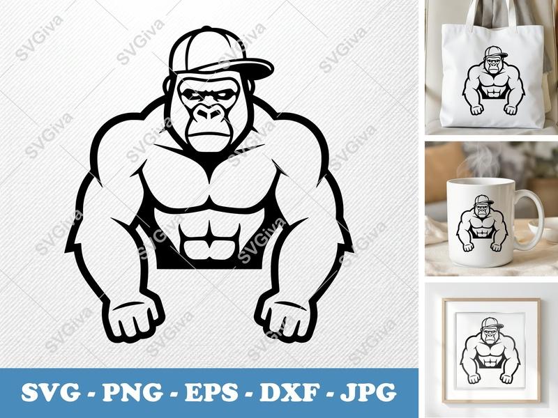 Gorilla with Cap SVG | Double-Outline, Bold Line Art | Clean Basic Shapes | PNG DXF EPS | Cricut Silhouette