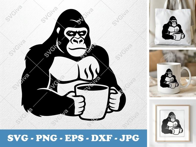 Gorilla with Coffee Cup SVG | Bold Minimalist Vector | PNG DXF EPS | Cricut Silhouette File